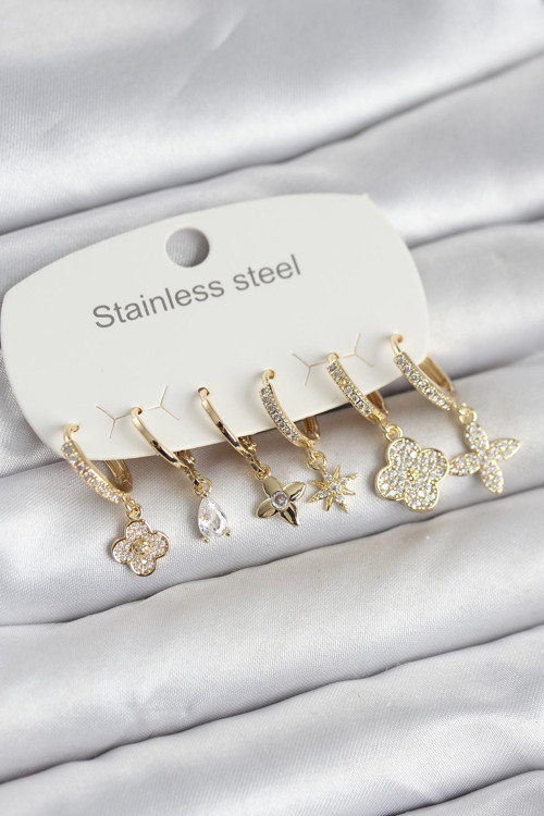 316L Çelik Gold Renk 6'lı Set Yonca Model Kadın Küpe TG27BKP11743