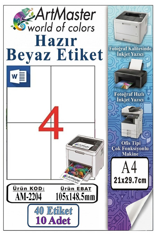 A4 Hazır Beyaz Etiket 105x148.5mm 10 Sayfa 1 Paket 4 lü Kendinden Yapışkanlı Fotokopi Lazer İnkjet Kağıdı Yazıcılar İçin