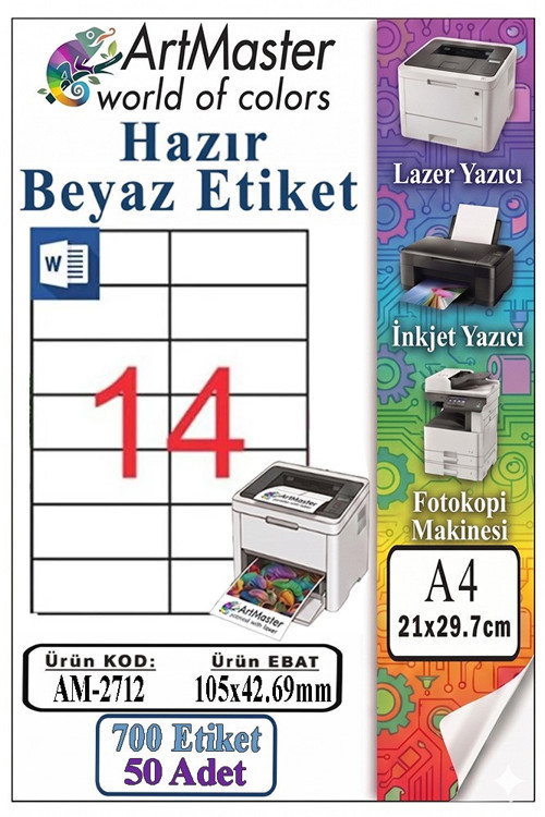 A4 Hazır Beyaz Etiket 105x42.7mm 50 Sayfa 1 Paket 14 lü Kendinden Yapışkanlı Fotokopi Lazer İnkjet Kağıdı Yazıcılar İçin