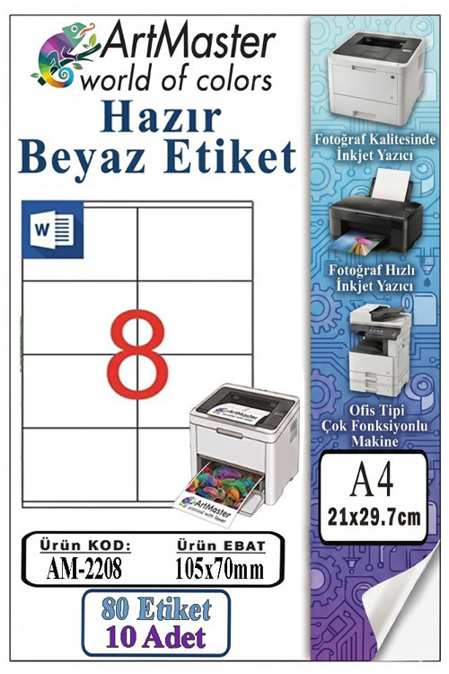 A4 Hazır Beyaz Etiket 105x70 mm 10 Sayfa 1 Paket 8 li Kendinden Yapışkanlı Fotokopi Lazer İnkjet Kağıdı Yazıcılar İçin
