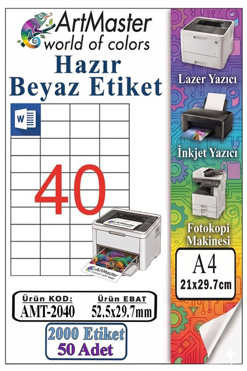 A4 Hazır Beyaz Etiket 52.5x29.7mm 50 Sayfa 1 Paket 40 lı Kendinden Yapışkanlı Fotokopi Lazer İnjekt Kağıdı Yazıcı İçin
