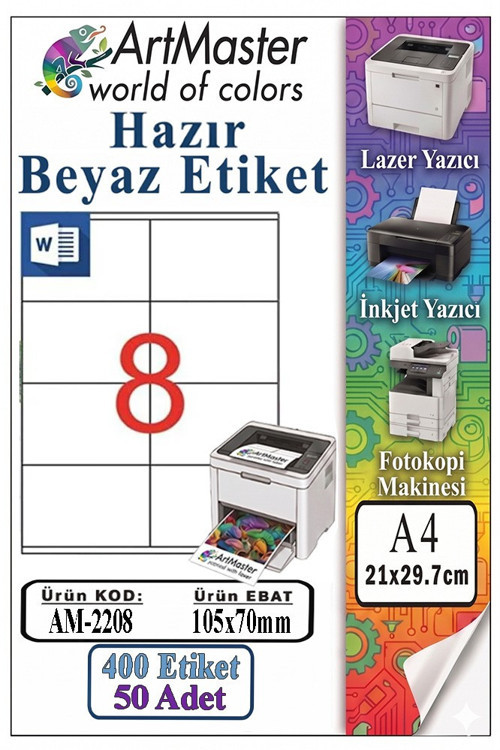 A4 Hazır Beyaz Etiket 105x70 mm 50 Sayfa 1 Paket 8 li Kendinden Yapışkanlı Fotokopi Lazer İnkjet Kağıdı Yazıcılar İçin