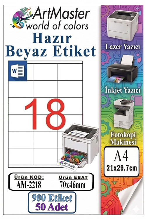A4 Hazır Beyaz Etiket 70x46 mm 50 Sayfa 1 Paket 18 li Kendinden Yapışkanlı Fotokopi Lazer İnkjet Kağıdı Yazıcılar İçin