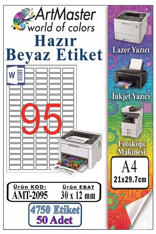 A4 Hazır Beyaz Etiket 30x12mm 50 Sayfa 1 Paket 95 li Yapışkanlı Fotokopi Lazer İnkjet Kağıdı Yazıcılar İçin Uyumlu
