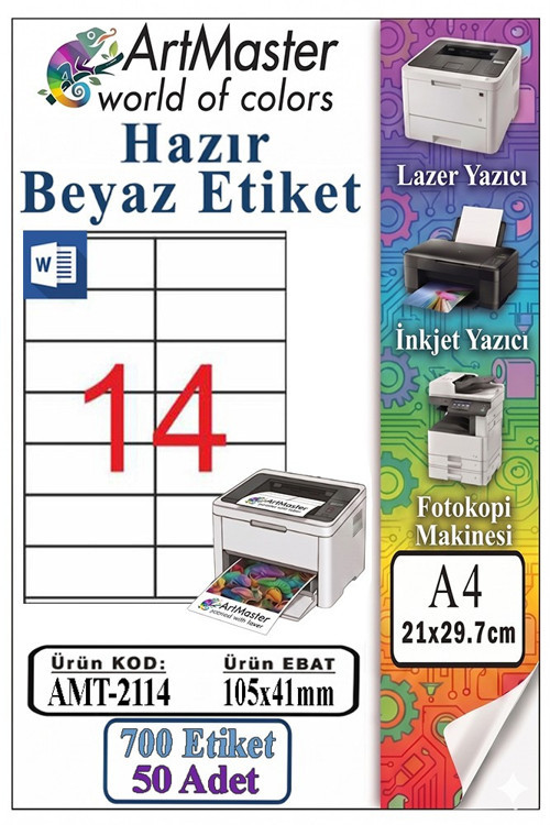 A4 Hazır Beyaz Etiket 105x41mm 50 Sayfa 1 Paket 14 lü Kendinden Yapışkanlı Fotokopi Lazer İnkjet Kağıdı Yazıcılar İçin