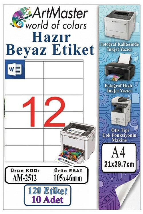 A4 Hazır Beyaz Etiket 105x46 mm 10 Sayfa 1 Paket 12 li Kendinden Yapışkanlı Fotokopi Lazer İnkjet Kağıdı Yazıcılar İçin