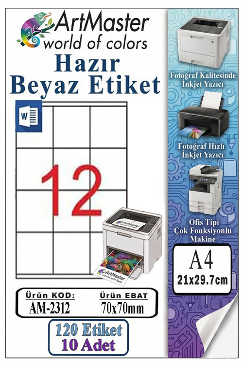 A4 Hazır Beyaz Etiket 70x70 mm 10 Sayfa 1 Paket 12 li Kendinden Yapışkanlı Fotokopi Lazer İnkjet Kağıdı Yazıcılar İçin
