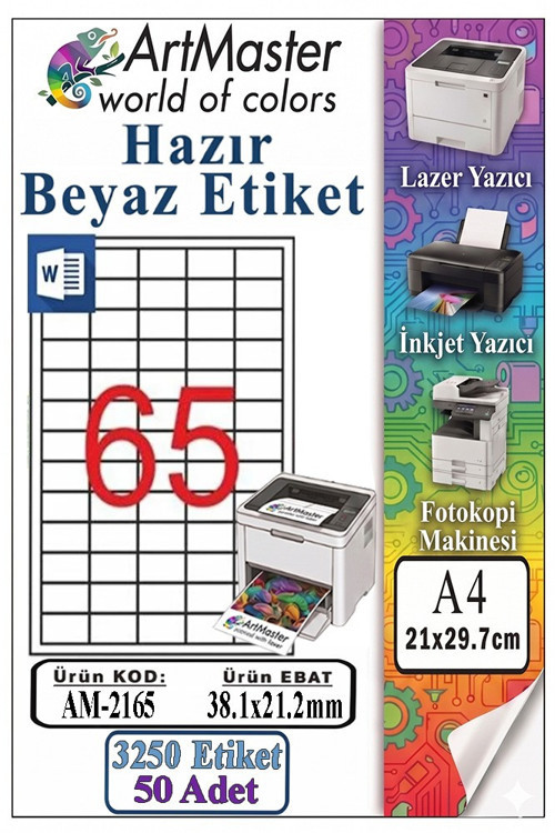 A4 Hazır Beyaz Etiket 38.1x21.2mm 50 Sayfa 1 Paket 65 li Kendinden Yapışkanlı Fotokopi Lazer İnkjet Kağıdı Yazıcılar