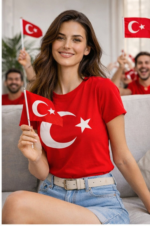 Unisex Kırmızı Ay Yıldız Türk Bayraklı Tişört T-Shirt
