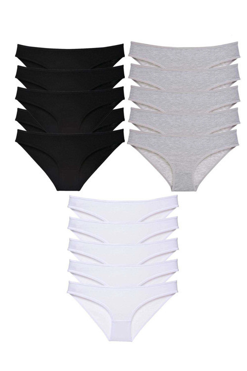 15 Adet Süper Eko Set Likralı Kadın Slip Külot Siyah Gri Beyaz