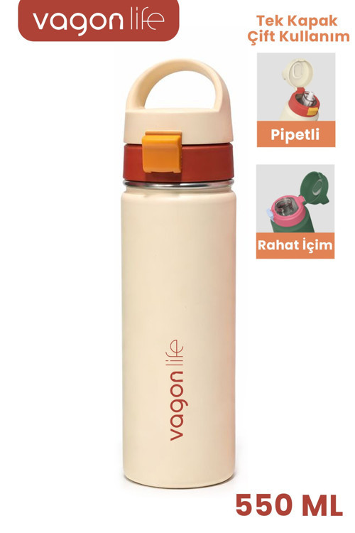 550 ML Tek Kapak Çift Kullanım Pipetli Rahat İçim Kulplu Paslanmaz Çelik Termos 1110-550ML