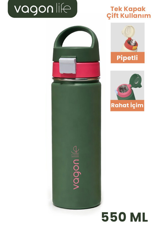 550 ML Tek Kapak Çift Kullanım Pipetli Rahat İçim Kulplu Paslanmaz Çelik Termos 1110-550ML