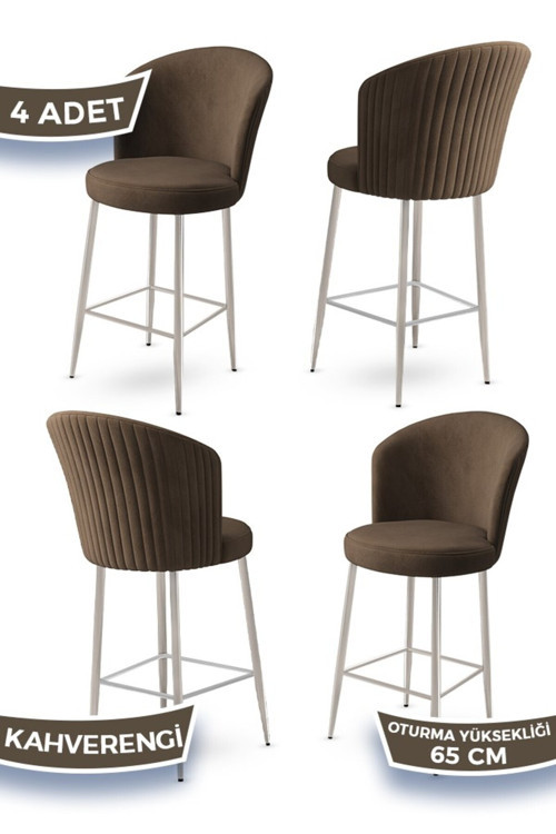 Concept Alte Serisi 4 Adet Babyface Kumaş 65 Cm Krom Kaplama Ayaklı Kahverengi Bar Sandalyesi