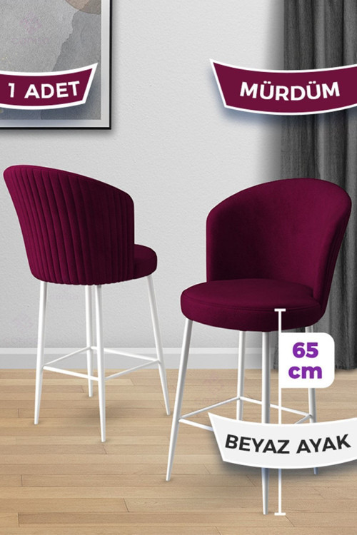 Concept Alte Serisi 1 Adet 65 Cm Mürdüm Ada Mutfak Bar Sandalyesi Babyface Kumaş Beyaz Metal Ayaklı