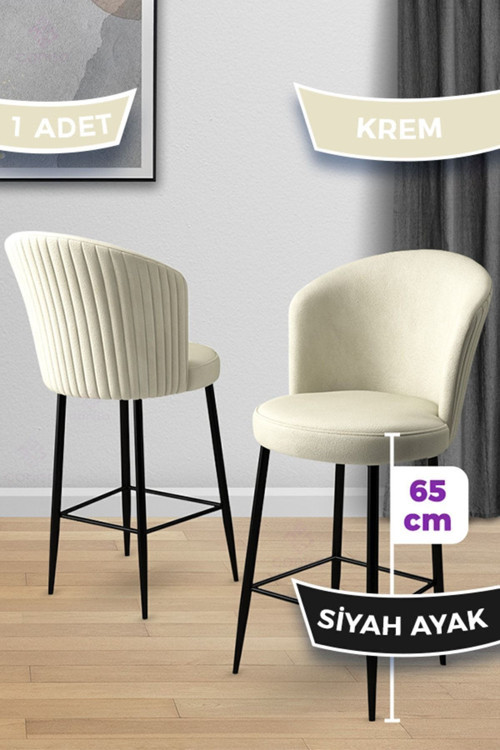 Concept Alte Serisi 1 Adet 65 Cm Krem Ada Mutfak Bar Sandalyesi Babyface Kumaş Siyah Metal Ayaklı