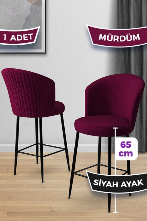 Concept Alte Serisi 1 Adet 65 Cm Mürdüm Ada Mutfak Bar Sandalyesi Babyface Kumaş Siyah Metal Ayaklı