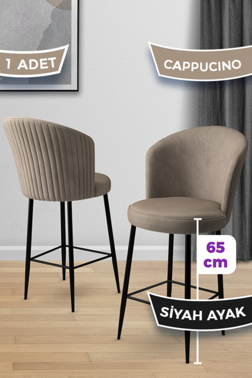 Concept Alte Serisi 1 Adet 65 Cm Cappucino Ada Mutfak Bar Sandalyesi Babyface Kumaş Siyah Metal Ayaklı