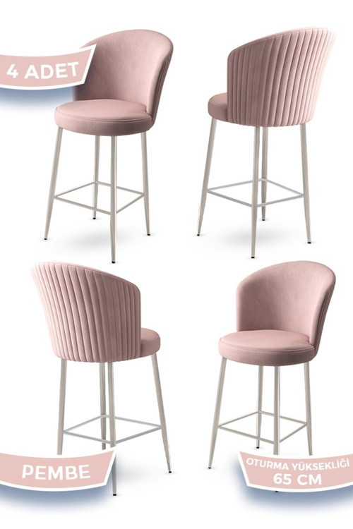 Concept Alte Serisi 4 Adet Babyface Kumaş 65 Cm Krom Kaplama Ayaklı Pembe Bar Sandalyesi