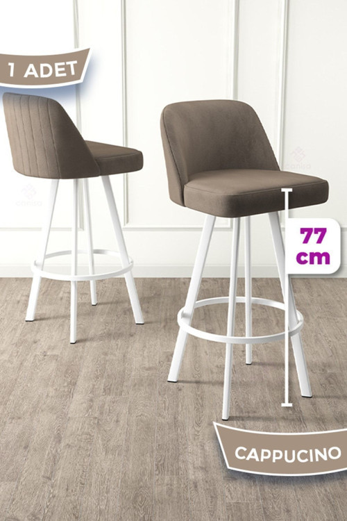 Concept Atex Serisi 1 Adet Cappucino Sandalye 360°C Döner Bar Sandalyesi Babyface Kumaş Beyaz Metal Ayaklı