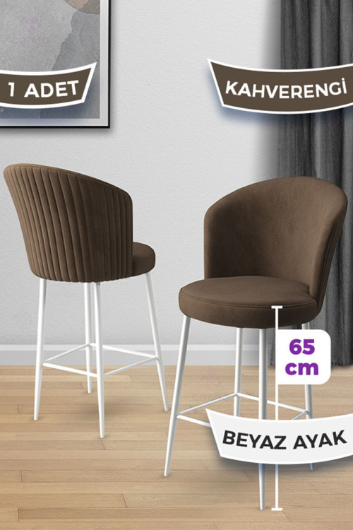 Concept Alte Serisi 1 Adet 65 Cm Kahve Ada Mutfak Bar Sandalyesi Babyface Kumaş Beyaz Metal Ayaklı
