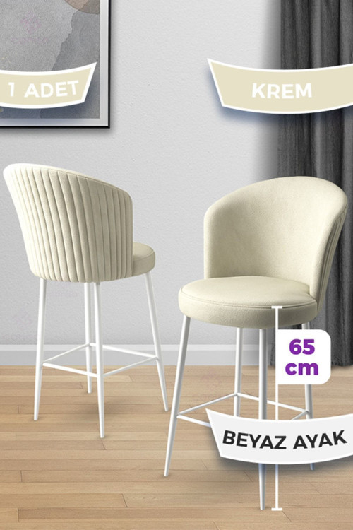 Concept Alte Serisi 1 Adet 65 Cm Krem Ada Mutfak Bar Sandalyesi Babyface Kumaş Beyaz Metal Ayaklı