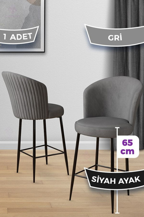 Concept Alte Serisi 1 Adet 65 Cm Gri Ada Mutfak Bar Sandalyesi Babyface Kumaş Siyah Metal Ayaklı