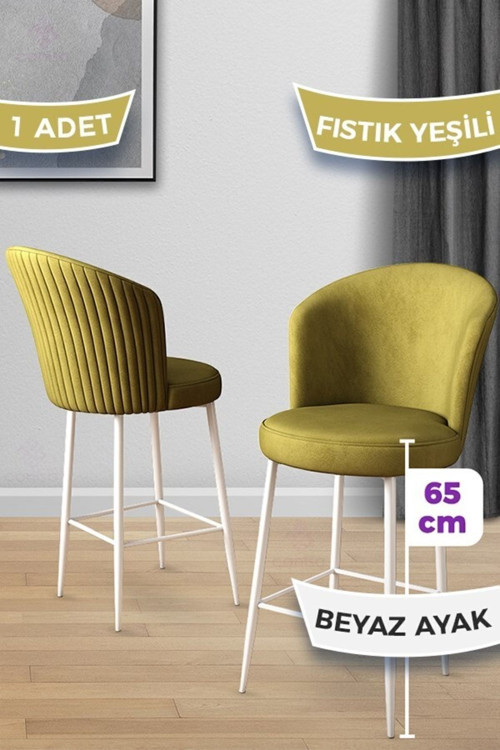 Concept Alte Serisi 1 Adet 65 Cm Fıstık Yeşili Ada Mutfak Bar Sandalyesi Babyface Kumaş Beyaz Metal Ayaklı