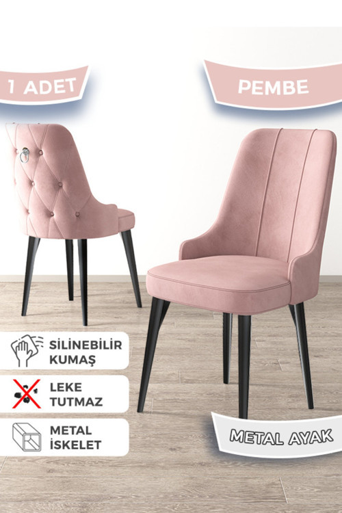 Concept Newa Serisi, 1.Sınıf Babyface Kumaş Siyah Metal Ayak Gümüş Halkalı, 1 Adet Pembe Sandalye