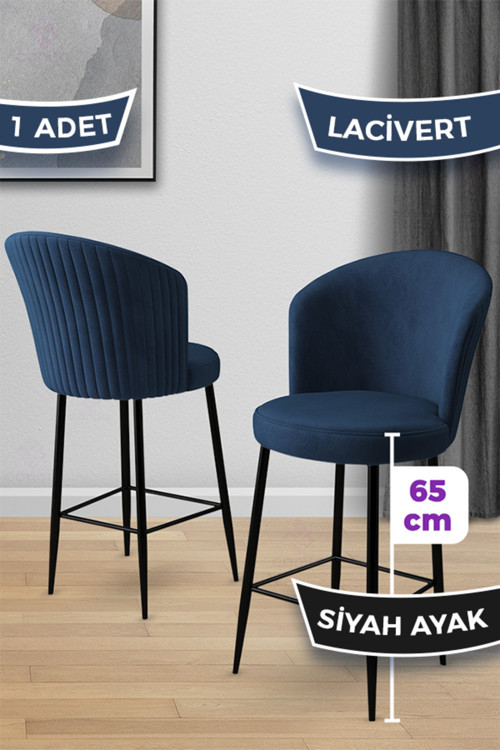 Concept Alte Serisi 1 Adet 65 Cm Lacivert Ada Mutfak Bar Sandalyesi Babyface Kumaş Siyah Metal Ayaklı