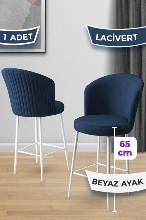 Concept Alte Serisi 1 Adet 65 Cm Lacivert Ada Mutfak Bar Sandalyesi Babyface Kumaş Beyaz Metal Ayaklı