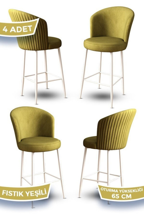 Concept Alte Serisi 4 Fıstık Yeşili Sandalye 65 Cm Ada Mutfak Bar Sandalyesi Babyface Kumaş Beyaz Metal Ayak