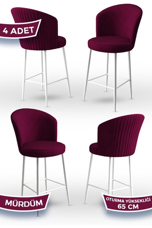 Concept Alte Serisi 4 Adet Mürdüm Sandalye 65 Cm Ada Mutfak Bar Sandalyesi Babyface Kumaş Beyaz Metal Ayaklı