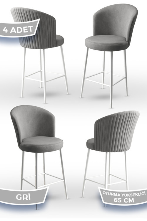 Concept Alte Serisi 4 Gri Sandalye 65 Cm Ada Mutfak Bar Sandalyesi Babyface Kumaş Beyaz Metal Ayaklı