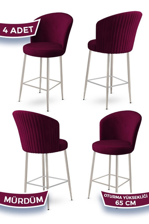 Concept Alte Serisi 4 Adet Babyface Kumaş 65 Cm Krom Kaplama Ayaklı Mürdüm Bar Sandalyesi