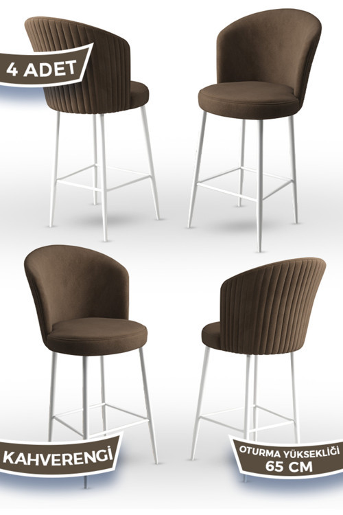 Concept Alte Serisi 4 Adet Kahve Sandalye 65 Cm Ada Mutfak Bar Sandalyesi Babyface Kumaş Beyaz Metal Ayaklı