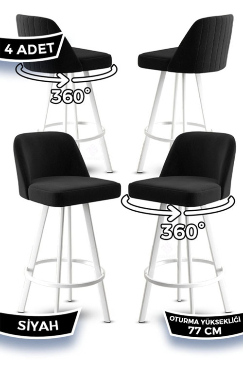 Concept Atex Serisi 4 Adet Siyah Bar Sandalyesi 360°C Döner Bar Sandalyesi Babyface Kumaş Beyaz Metal Ayak