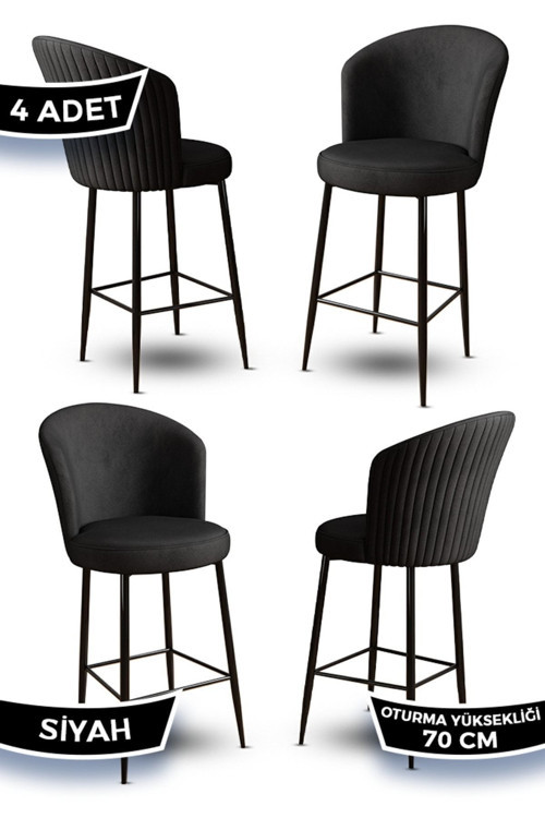 Concept Fora Serisi 4 Adet Siyah Sandalye Ada Mutfak Bar Sandalyesi Babyface Kumaş Siyah Metal Ayak