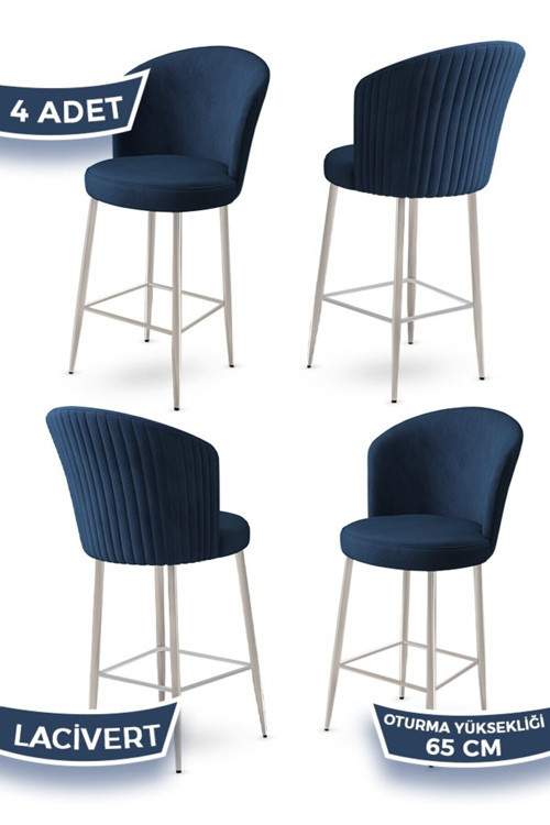 Concept Alte Serisi 4 Adet Babyface Kumaş 65 Cm Krom Kaplama Ayaklı Lacivert Bar Sandalyesi