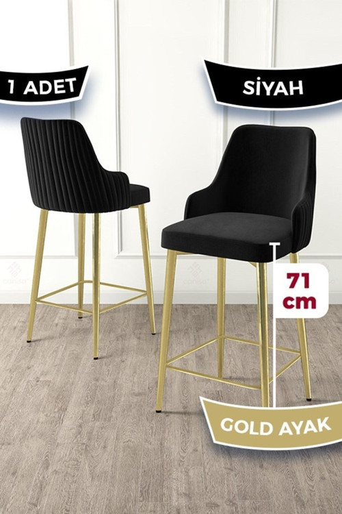 Concept Enox Serisi 1 Adet Siyah Mutfak Bar Sandalyesi Babyface Kumaş Gold Kaplama Metal Ayak