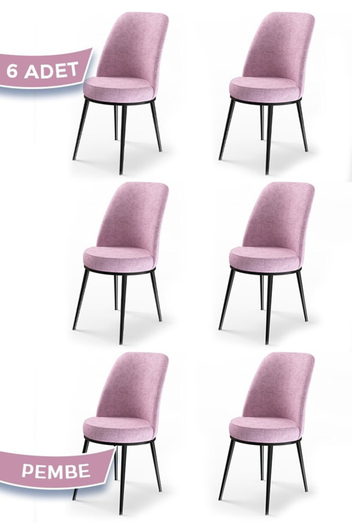 Dexa Serisi, Üst Kalite Yemek Odası Sandalyesi, Metal Siyah Iskeletli, 6 Adet Pembe Sandalye