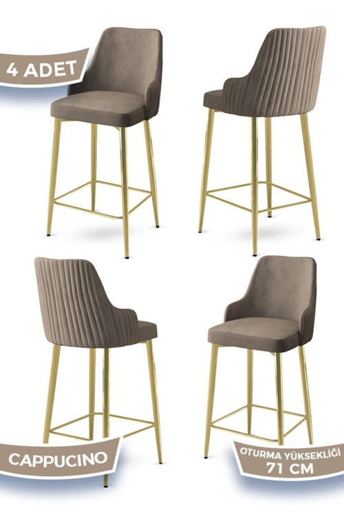 Concept Enox Serisi 4 Adet Cappucino Mutfak Bar Sandalyesi Babyface Kumaş Gold Kaplama Metal Ayak