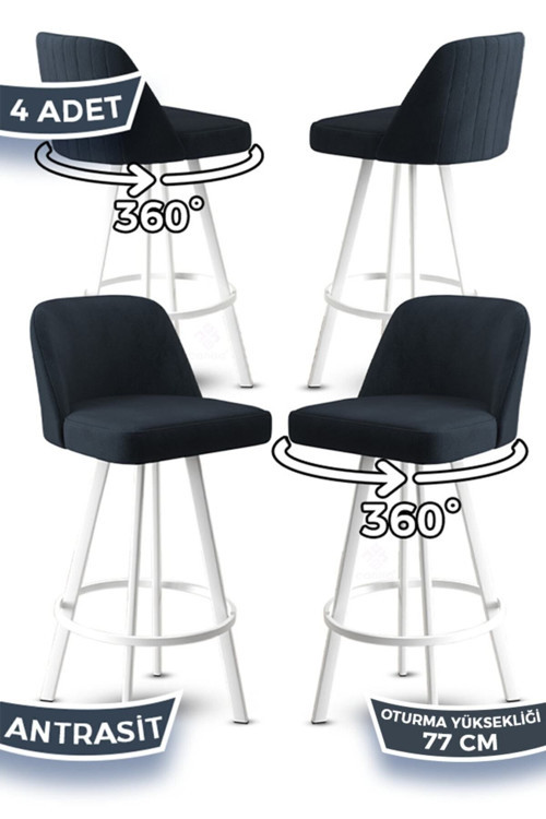 Concept Atex Serisi 4 Adet Antrasit Sandalye 360°C Döner Bar Sandalyesi Babyface Kumaş Beyaz Metal Ayaklı