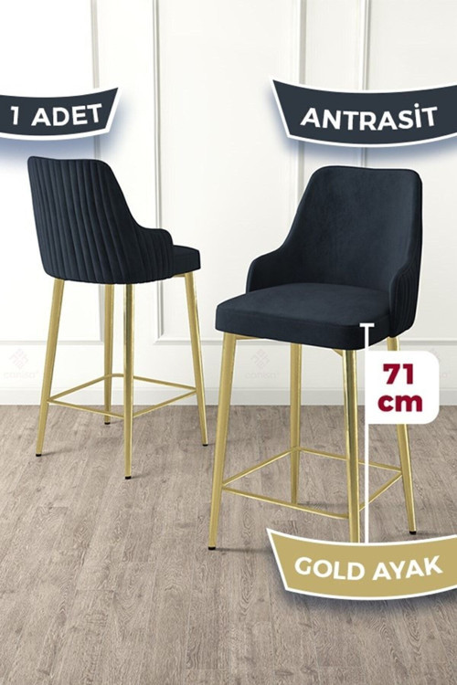 Concept Enox Serisi 1 Adet Antrasit Mutfak Bar Sandalyesi Babyface Kumaş Gold Kaplama Metal Ayak
