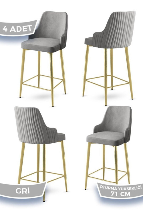 Concept Enox Serisi 4 Adet Gri Mutfak Bar Sandalyesi Babyface Kumaş Gold Kaplama Metal Ayak