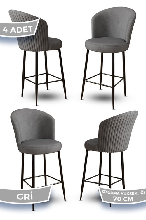 Concept Fora Serisi 4 Adet Gri Sandalye Ada Mutfak Bar Sandalyesi Babyface Kumaş Siyah Metal Ayak