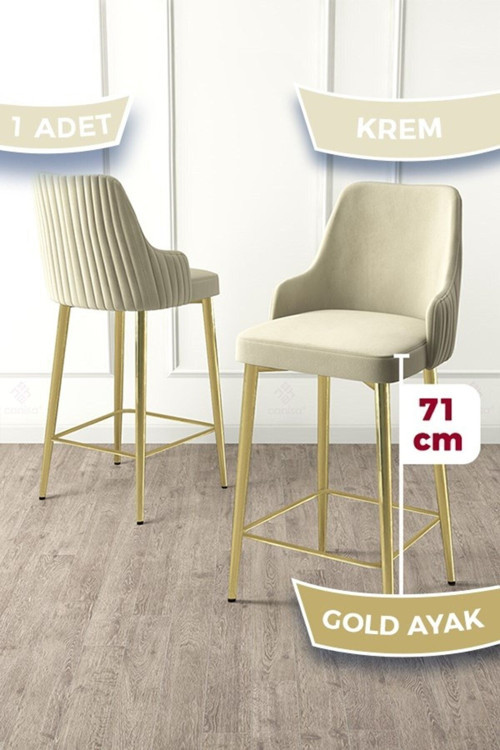 Concept Enox Serisi 1 Adet Krem Mutfak Bar Sandalyesi Babyface Kumaş Gold Kaplama Metal Ayak