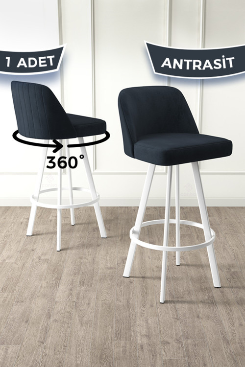 Concept Atex Serisi 1 Adet Antrasit Sandalye 360°C Döner Bar Sandalyesi Beyaz Metal Ayaklı