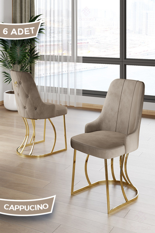 Concept Puva Serisi 6 Adet Cappucino Sandalye 1.Sınıf Babyface Ithal Kumaş Gold Metal Ayaklı