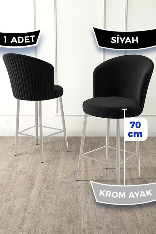 Concept Fora Serisi Ada Mutfak Bar Sandalyesi Krom Kaplama Metal Ayaklı Babyface Kumaşlı 1 Siyah Sandalye