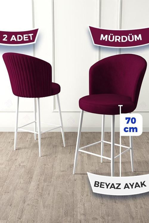 Concept Fora Serisi 2 Adet Mürdüm Sandalye Ada Mutfak Bar Sandalyesi Beyaz Metal Ayaklı Babyface Kumaş